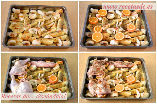 Receta de contramuslos de pollo a la naranja asados en el horno con patatas